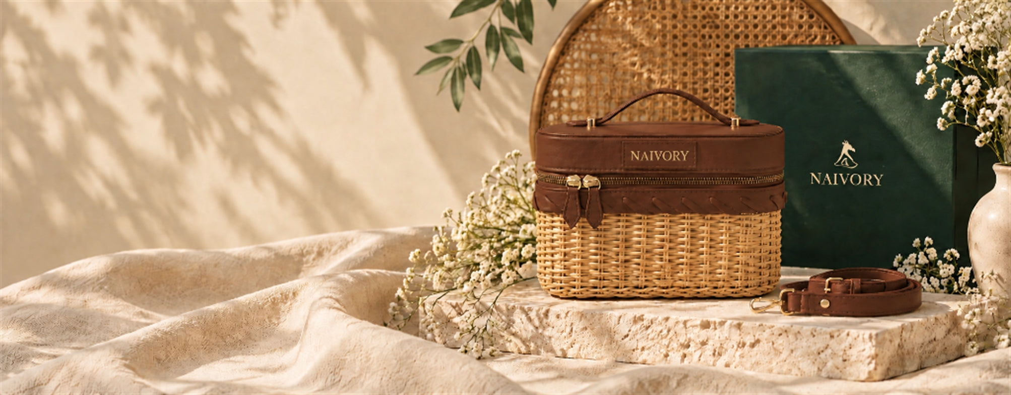 Naivory Handwoven Rattan Vanity Case with Leather Lid