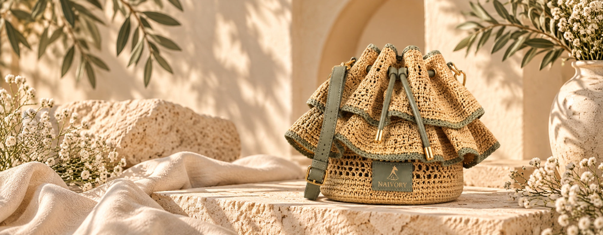 Naivory Tiered Sage Ruffle Bucket Bag with Signature Packaging